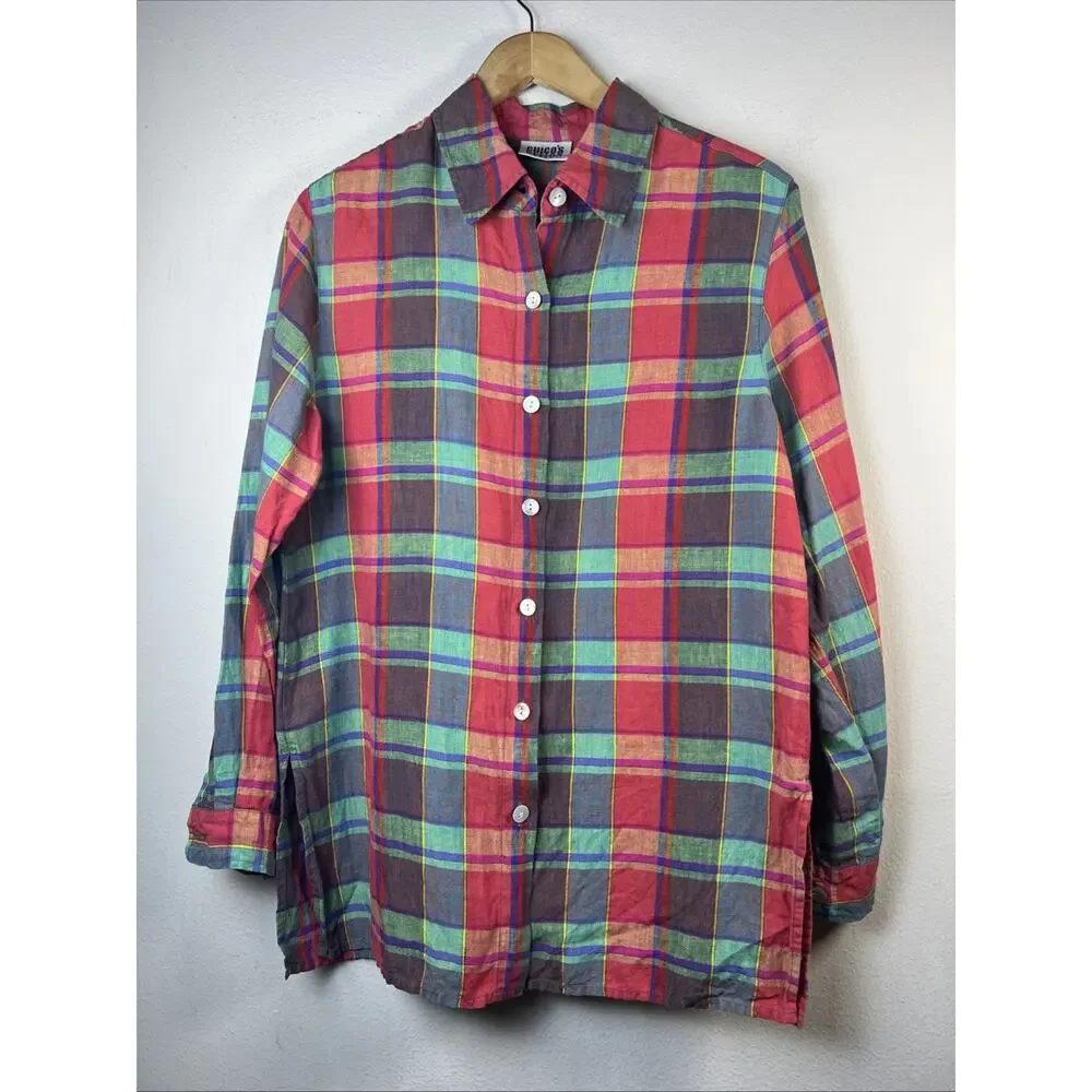 Chico's Women's 1 medium Button Down Long Sleeve Plaid 100% Linen Shirt - Picture 2 of 9